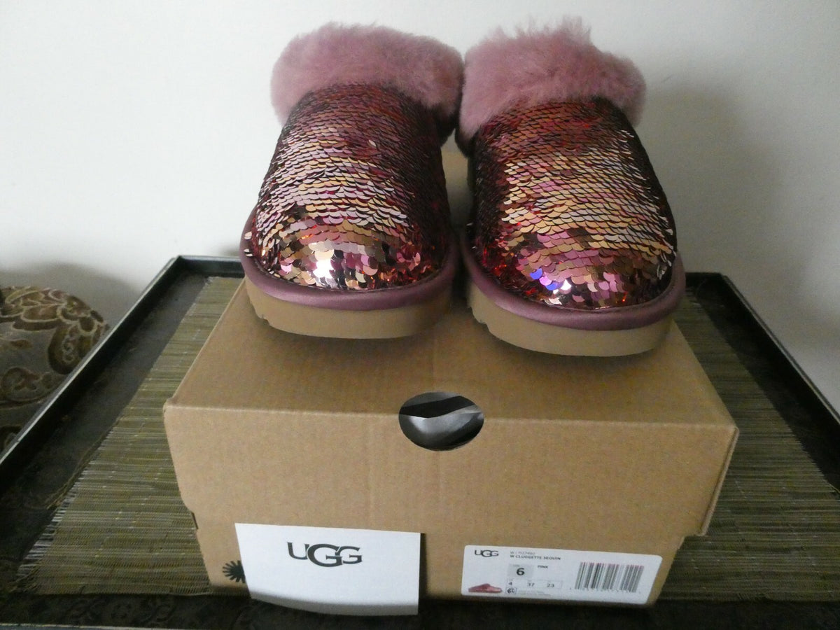 UGG Cluggette Sequins Sheepskin Flux Cozy Women's Pink Slipper 6 Style# 1127490