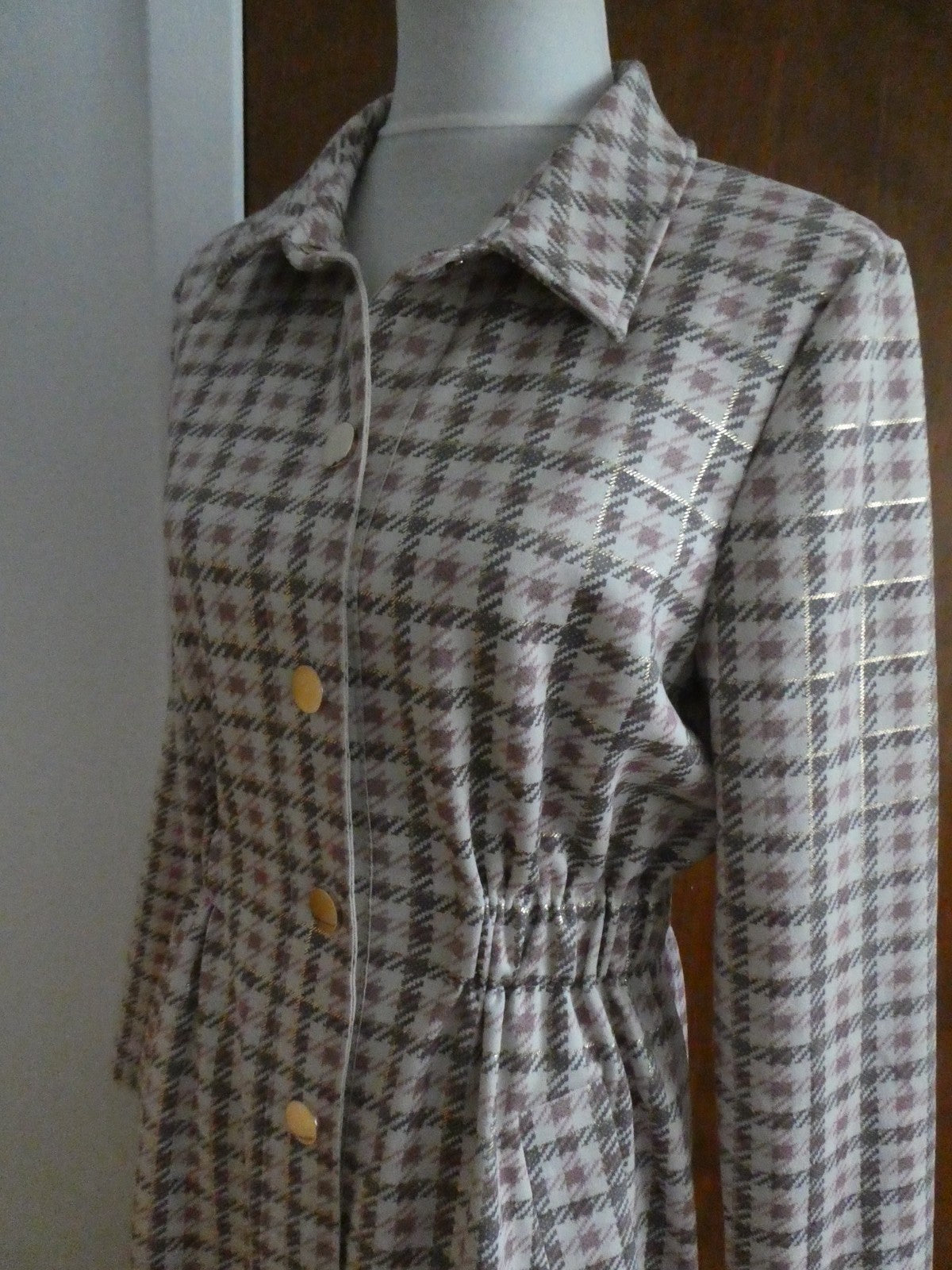 Aliceblue Women’s Plaid Long Jacket Coat Gray Pink Gold Snap Stretch Size Small