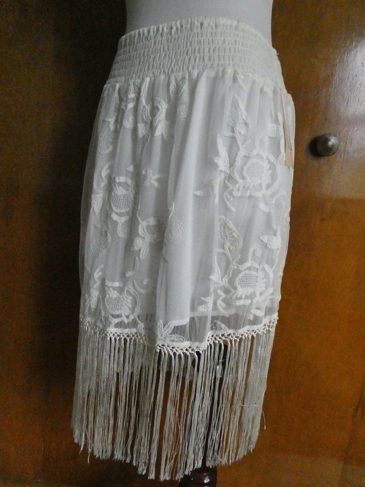 Denim & Supply Ralph Lauren Women Ivory Lace Boho Fringe Short Lined Skirt Large