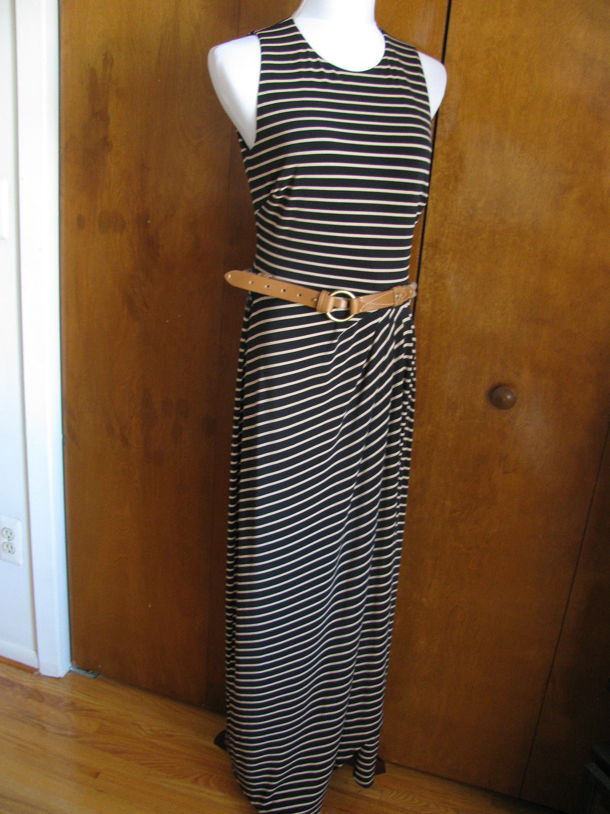 Ralph Lauren Women's Black Tan Striped Maxi Dress New