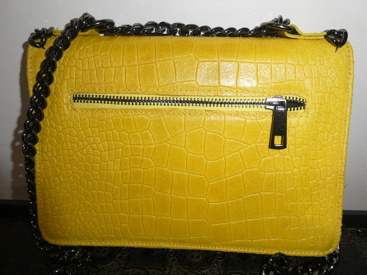 Italian Genuine Leather Chain Shoulder Crossbody Bag 9x7x 2 Mustard Yellow Italy