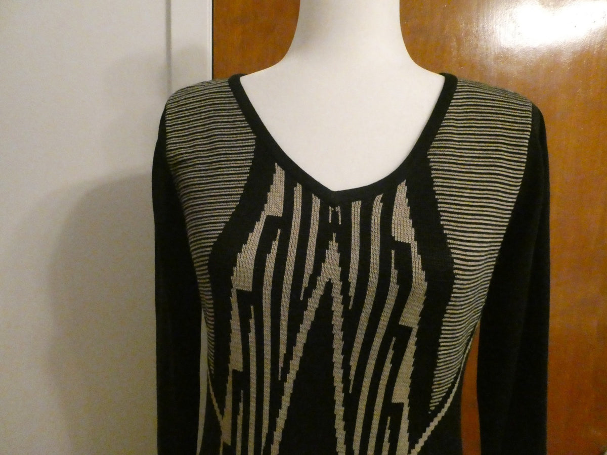 Ivanka Trump Sweater Knit Dress Women Black Beige Geometric Long Sleeve Bodycon