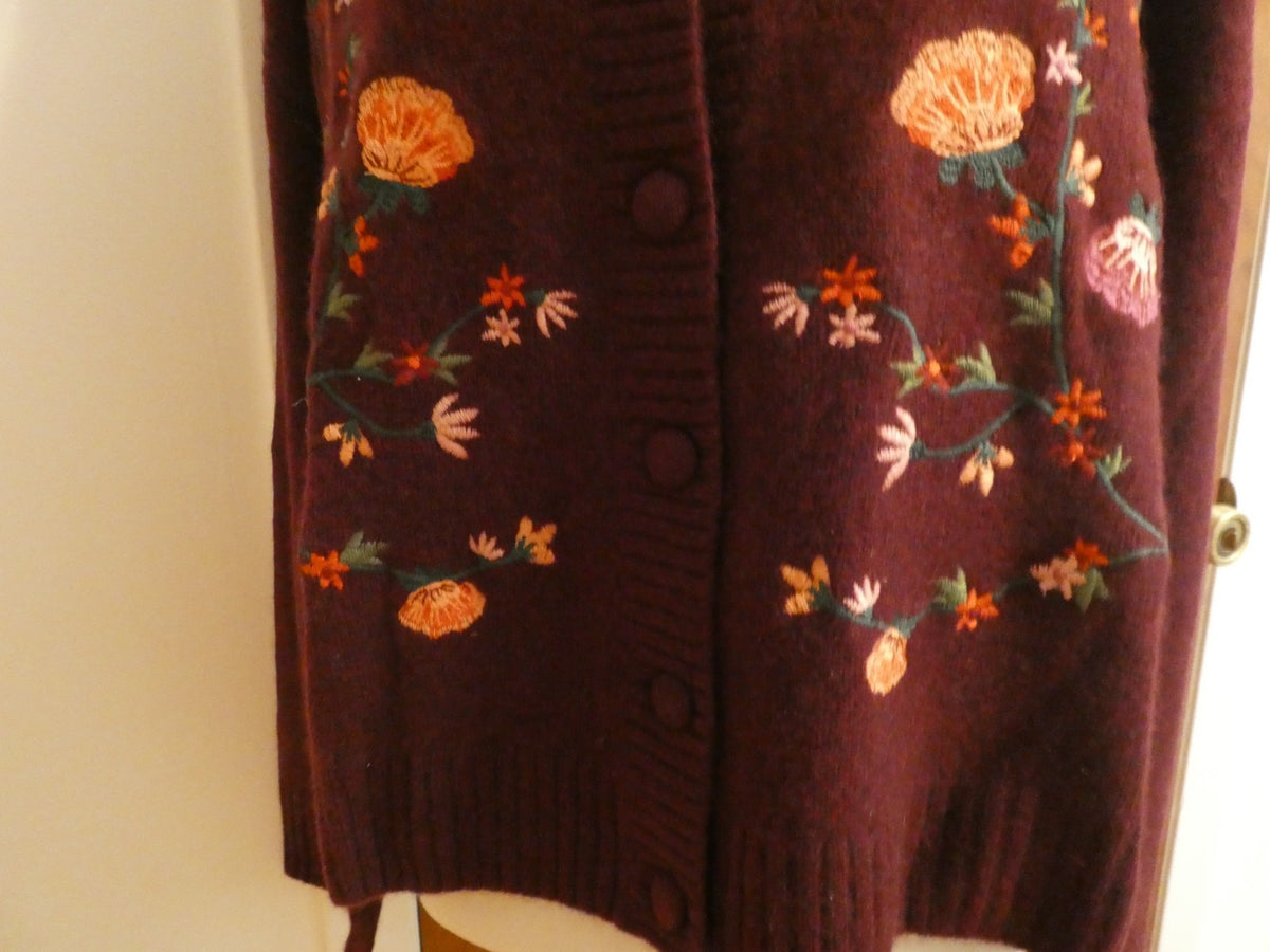 Bloomingdale’s 100% 2-Ply Cashmere Embroidered Floral Cardigan XXL Burgundy