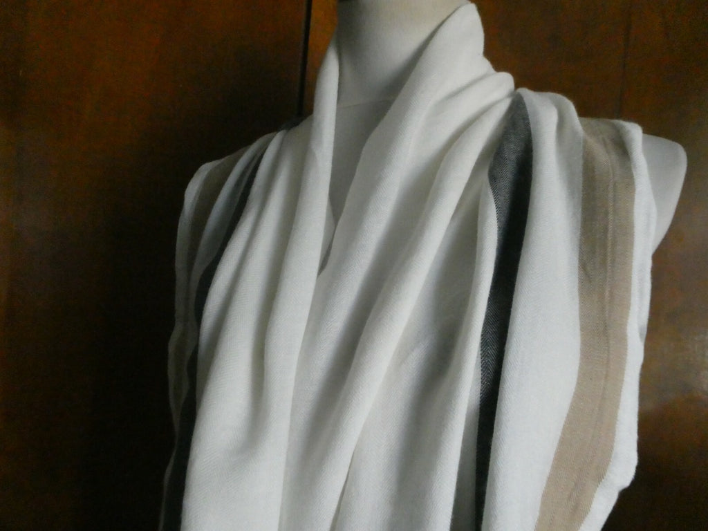 TALBOTS Women's Cotton/Viscose Soft Striped Wrap Scarf Ivory/Brown 28" by 70"