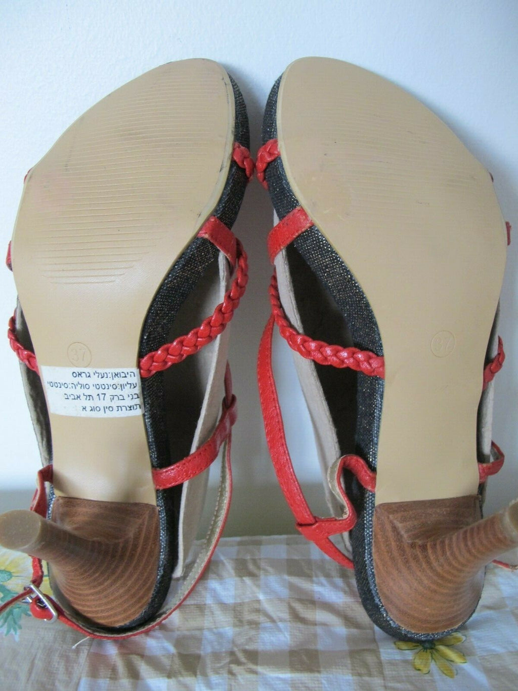 Grass women's red leather peep toe sandals size 37 US 7 made in Israel New