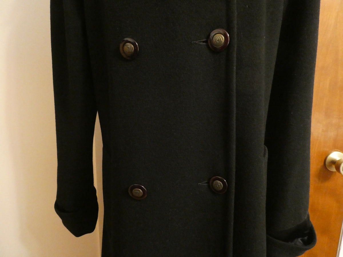 J.G HOOK Women Black 100% Wool A-Line Hood Fox Fur Trim Winter Coat 6 (fit 8-10)