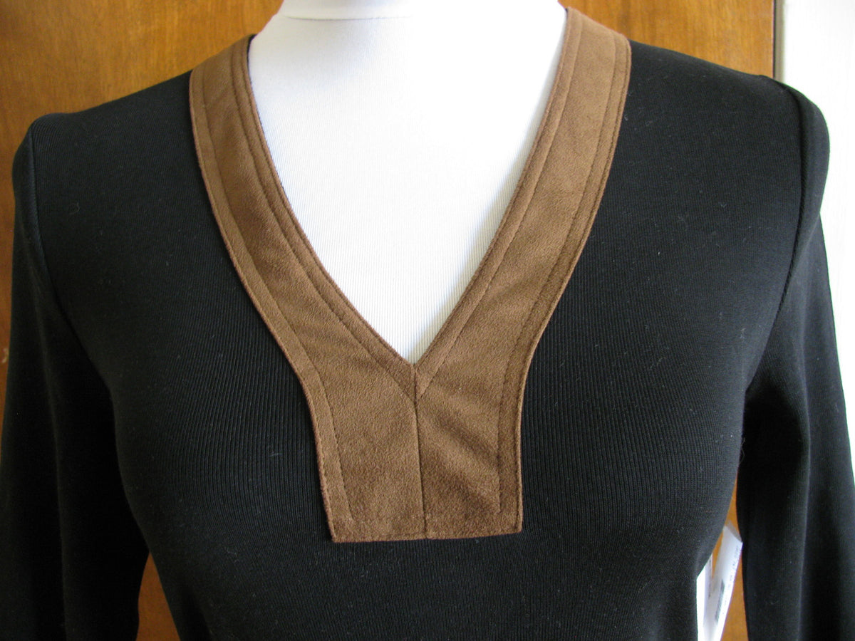Ralph Lauren Women's Black Brown Stylish Detailed Cotton 3/4 Sleeves Dress Large