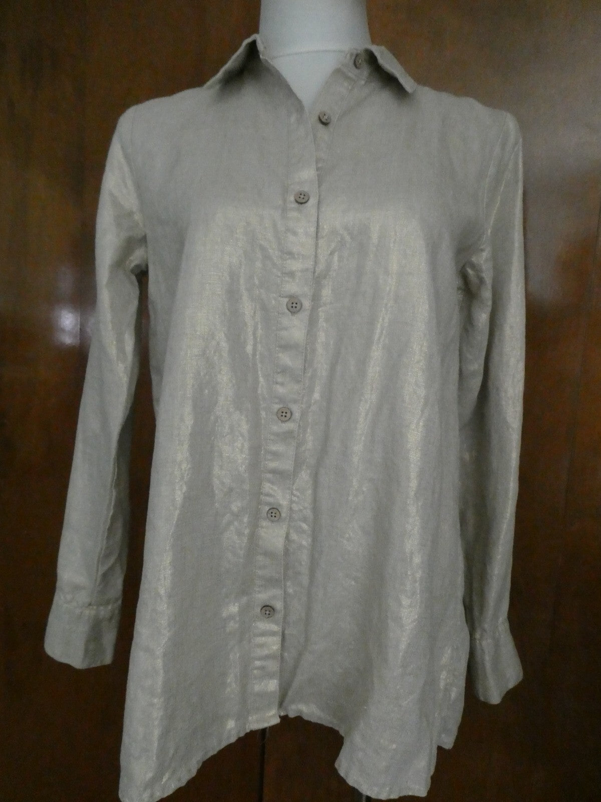 Kate Hill Woman LINEN Button-Down Shirt Top Glimmer Color Size Small