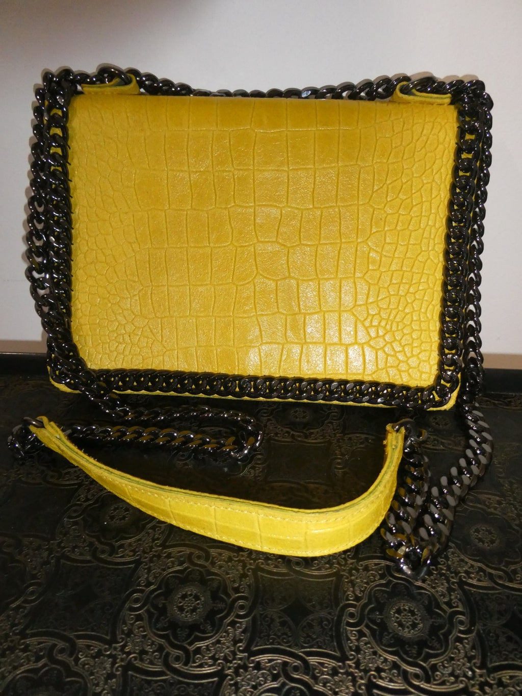 Italian Genuine Leather Chain Shoulder Crossbody Bag 9x7x 2 Mustard Yellow Italy