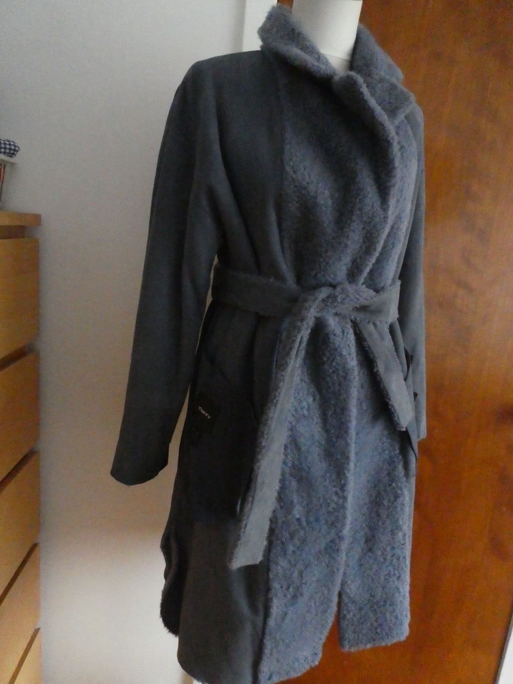 Theory Robe Coat Metal Blue Shearling Lamb Fur Teddy Coat M $2895 Made In Turkey