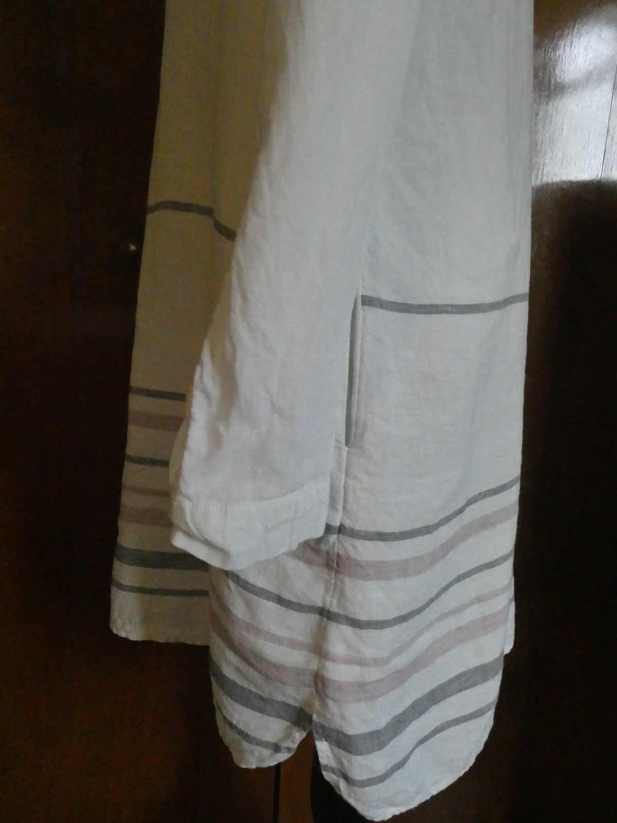 Tahari 100% Linen Striped Tunic Dress White Long Sleeve Pockets Size Medium