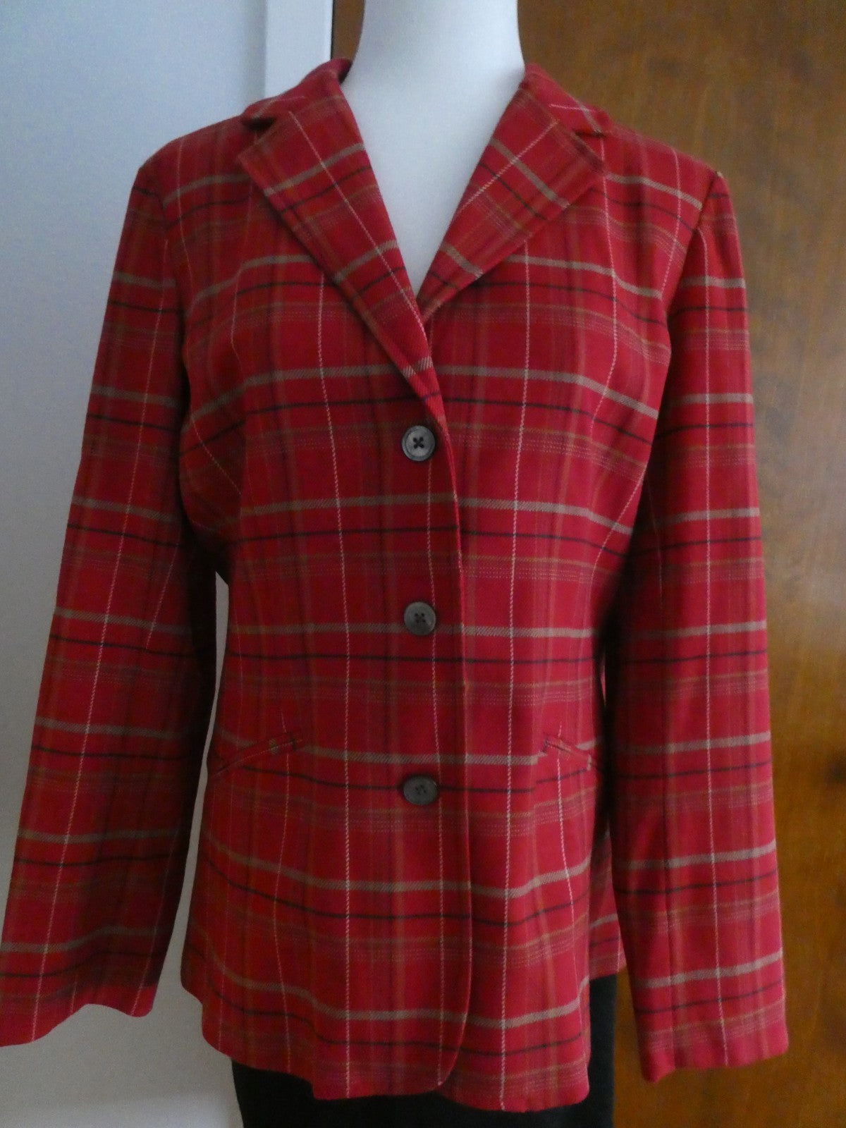 Eddie Bauer Women Red Plaid Lined Wool Blend 3 Buttons Blazer Jacket Size Large
