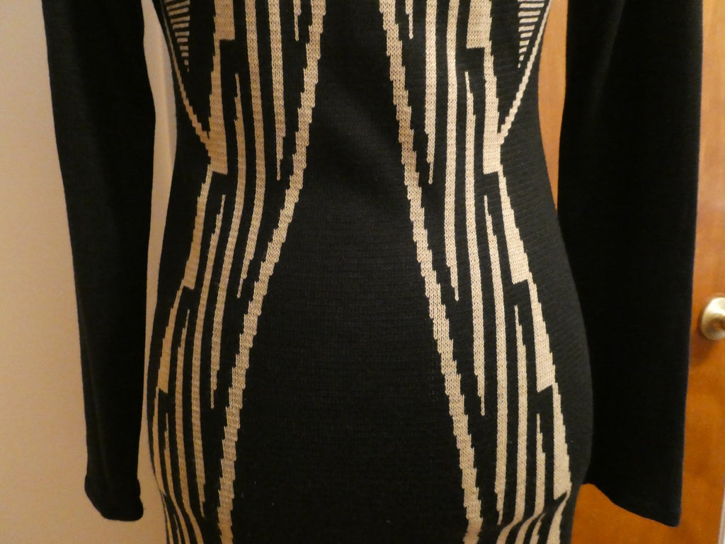 Ivanka Trump Sweater Knit Dress Women Black Beige Geometric Long Sleeve Bodycon
