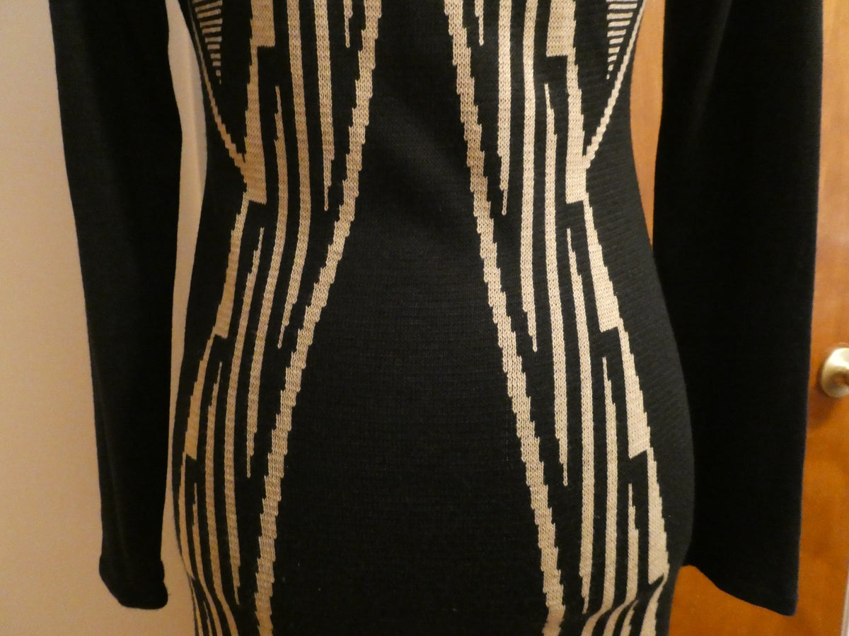 Ivanka Trump Sweater Knit Dress Women Black Beige Geometric Long Sleeve Bodycon