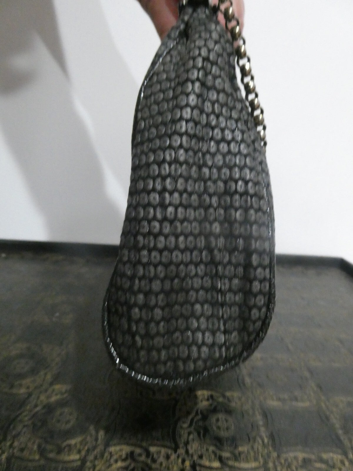 Grace Ann Agostino Vintage Womens Black Woven Leather Bag Purse Silver Tone Deco