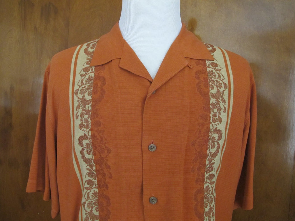 Tommy Bahama Mens Silk Brown Florals Print Embroidered Camp Shirt Size Large