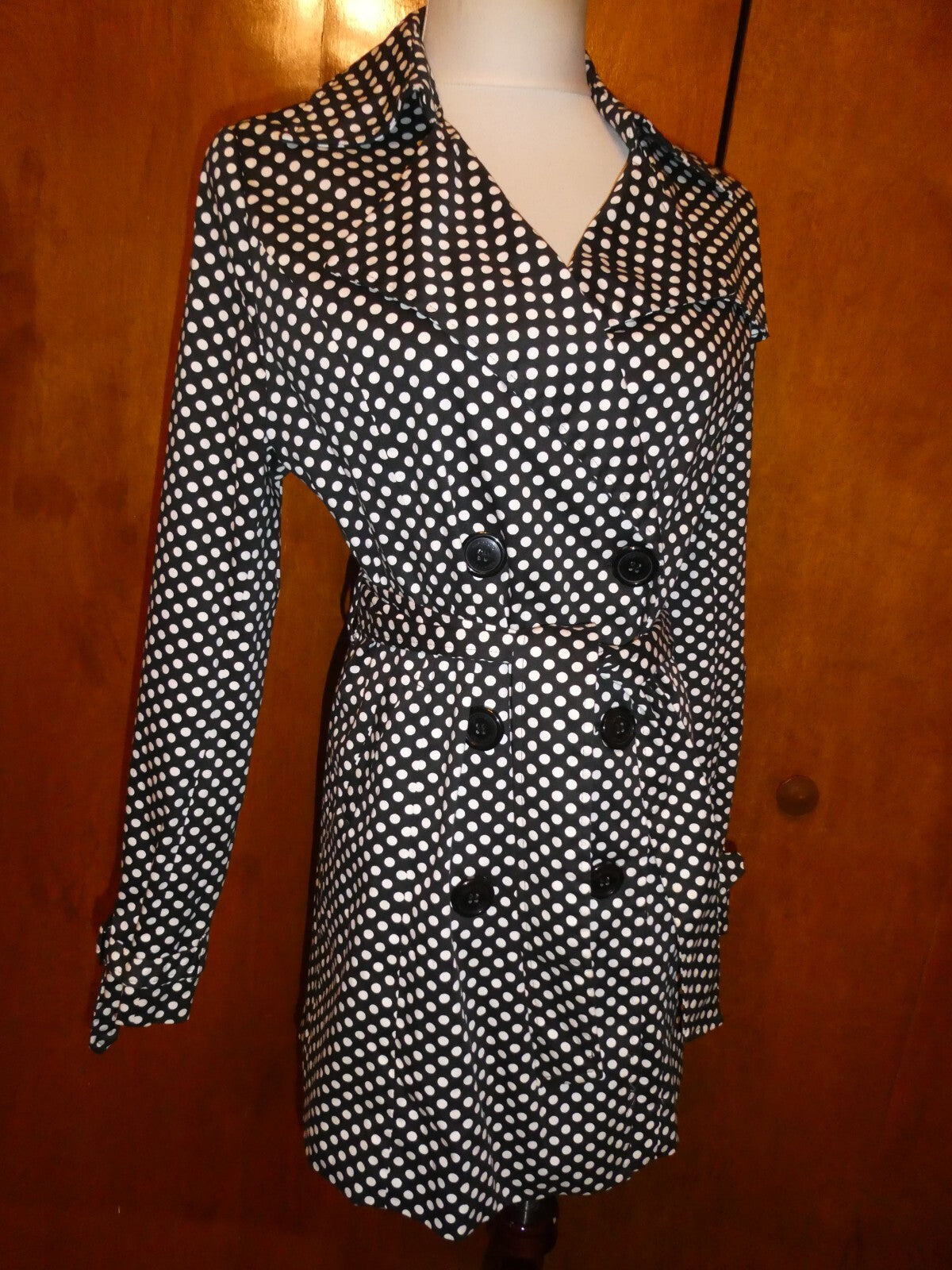 Vertigo Paris Black & White Polka Dot Jacket Trench Coat, Button Up, Medium