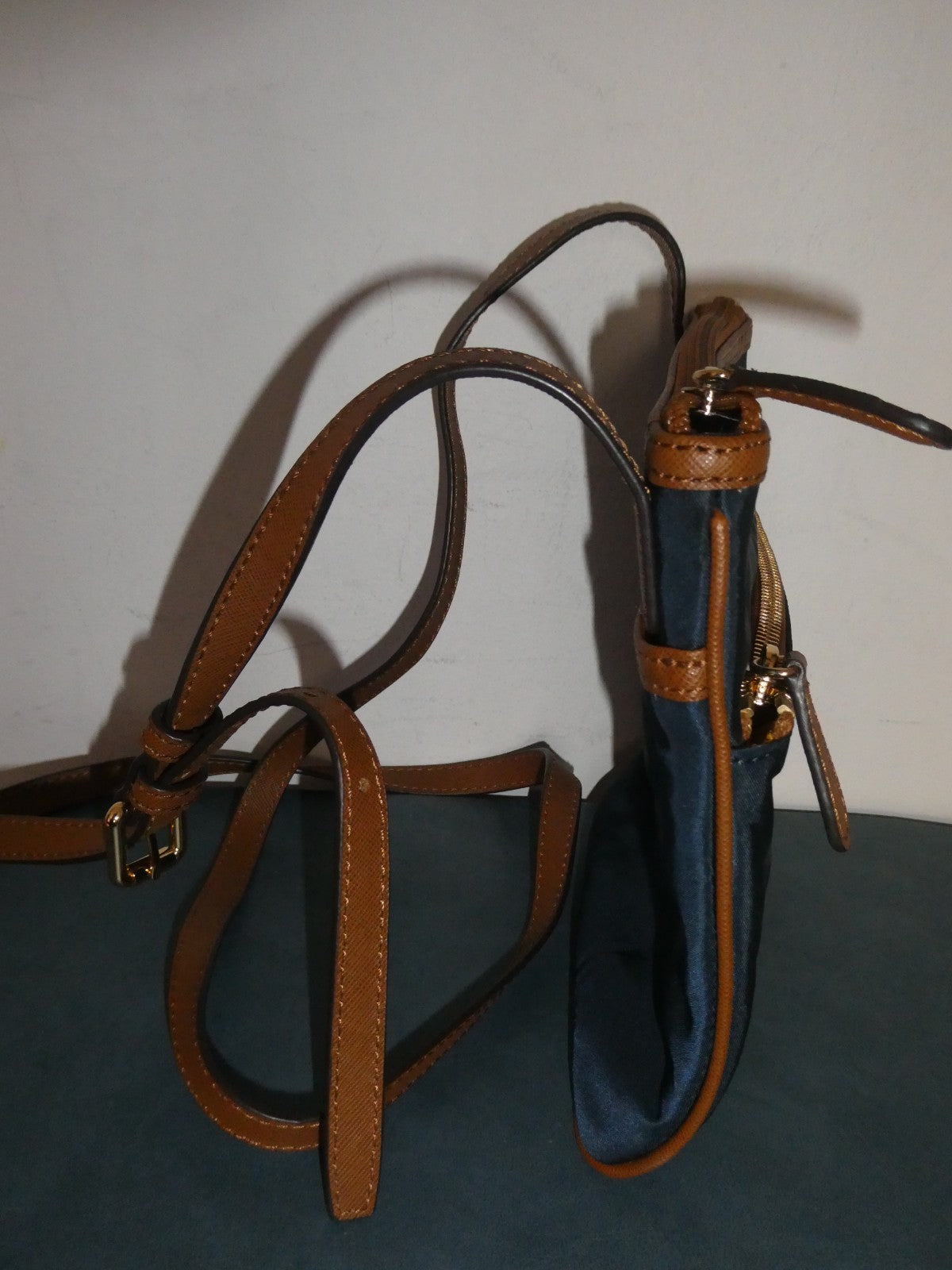 Michael Kors Navy Nylon Crossbody Bag Brown Trim 5 Pocket Gold Tone EUC