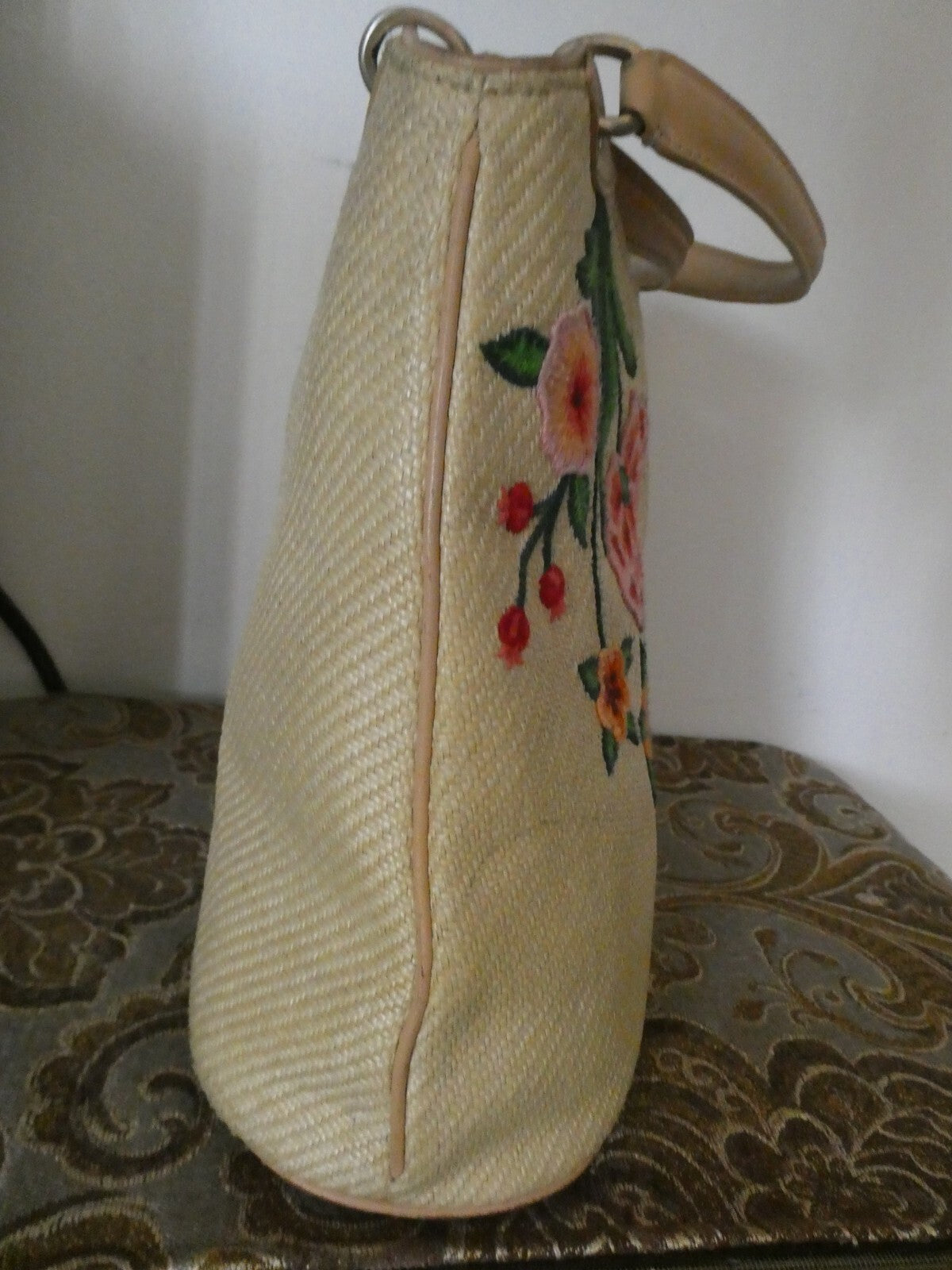 Cole Haan Embroidered Woven Straw Purse / Handbag with Gold Tone