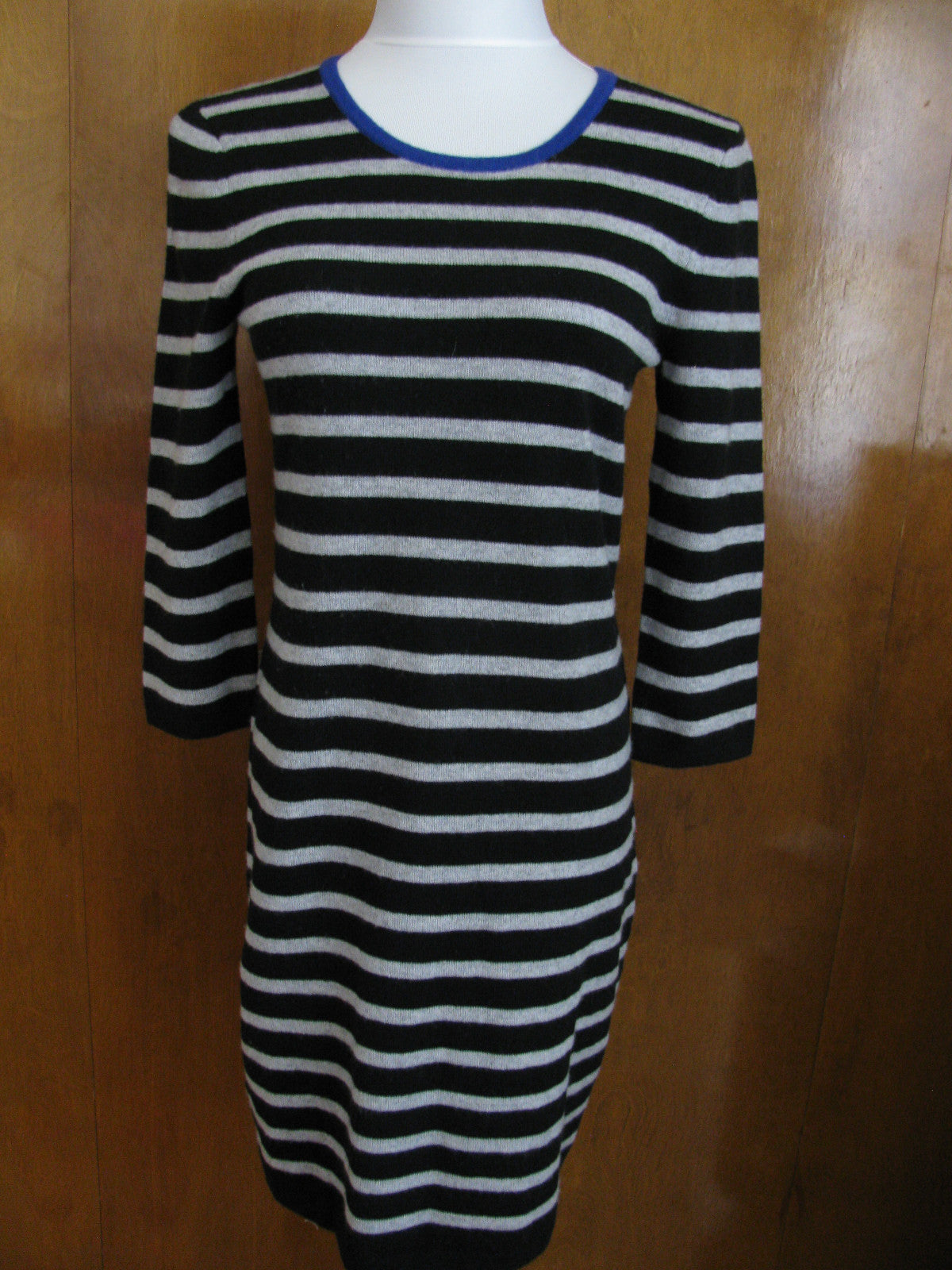 Bloomingdale Aqua women's striped, black, gray blue cashmere dress Sz. XS, S, M