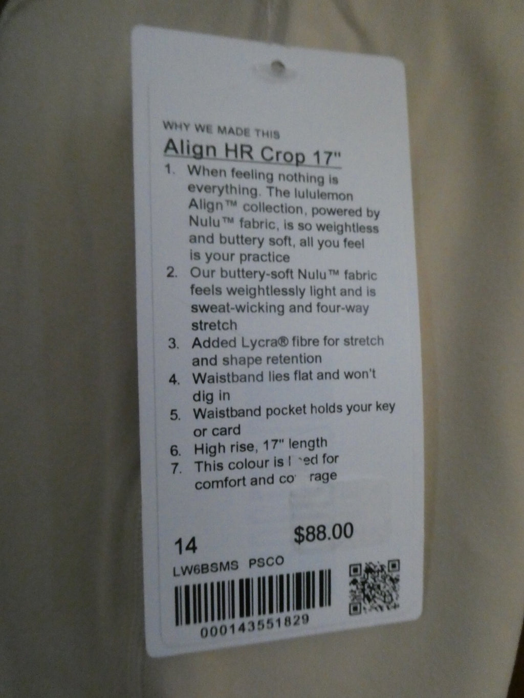 Lululemon ALIGN HR CROP 17” Women’s Beige Soft Double Lined Tights Size 14