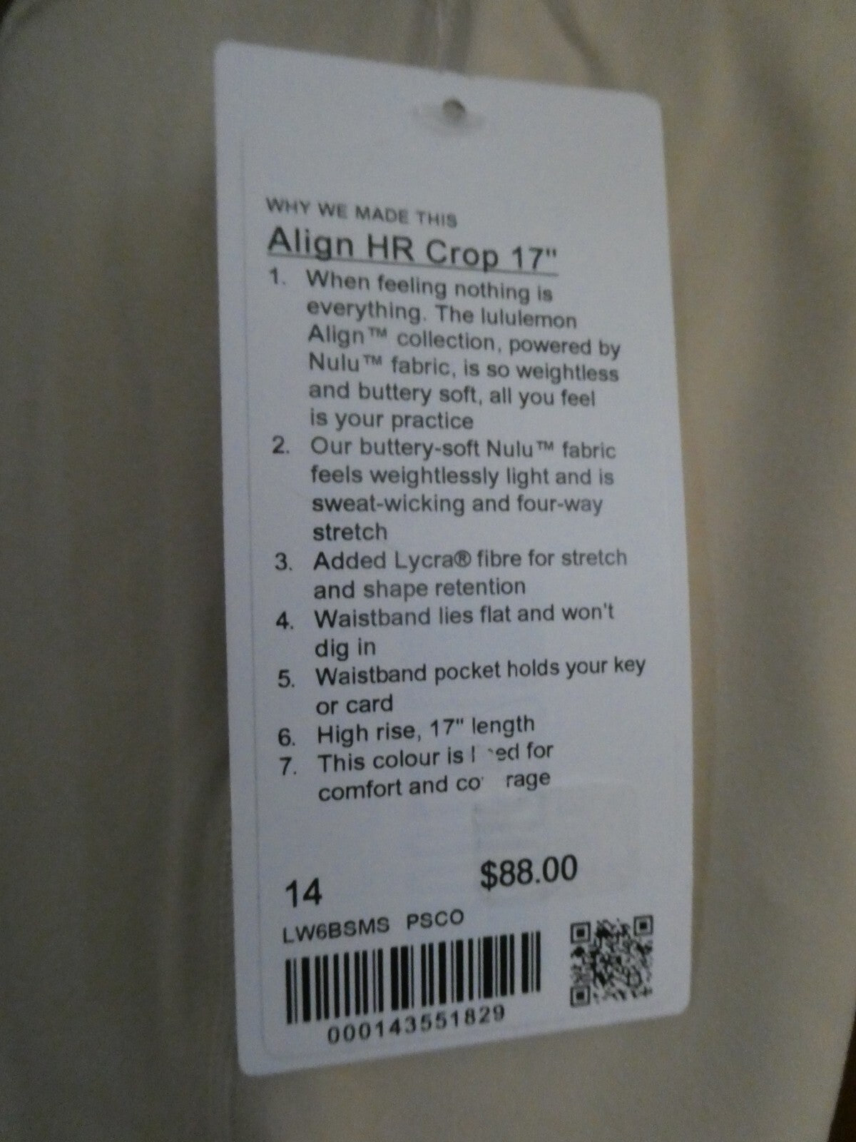 Lululemon ALIGN HR CROP 17” Women’s Beige Soft Double Lined Tights Size 14