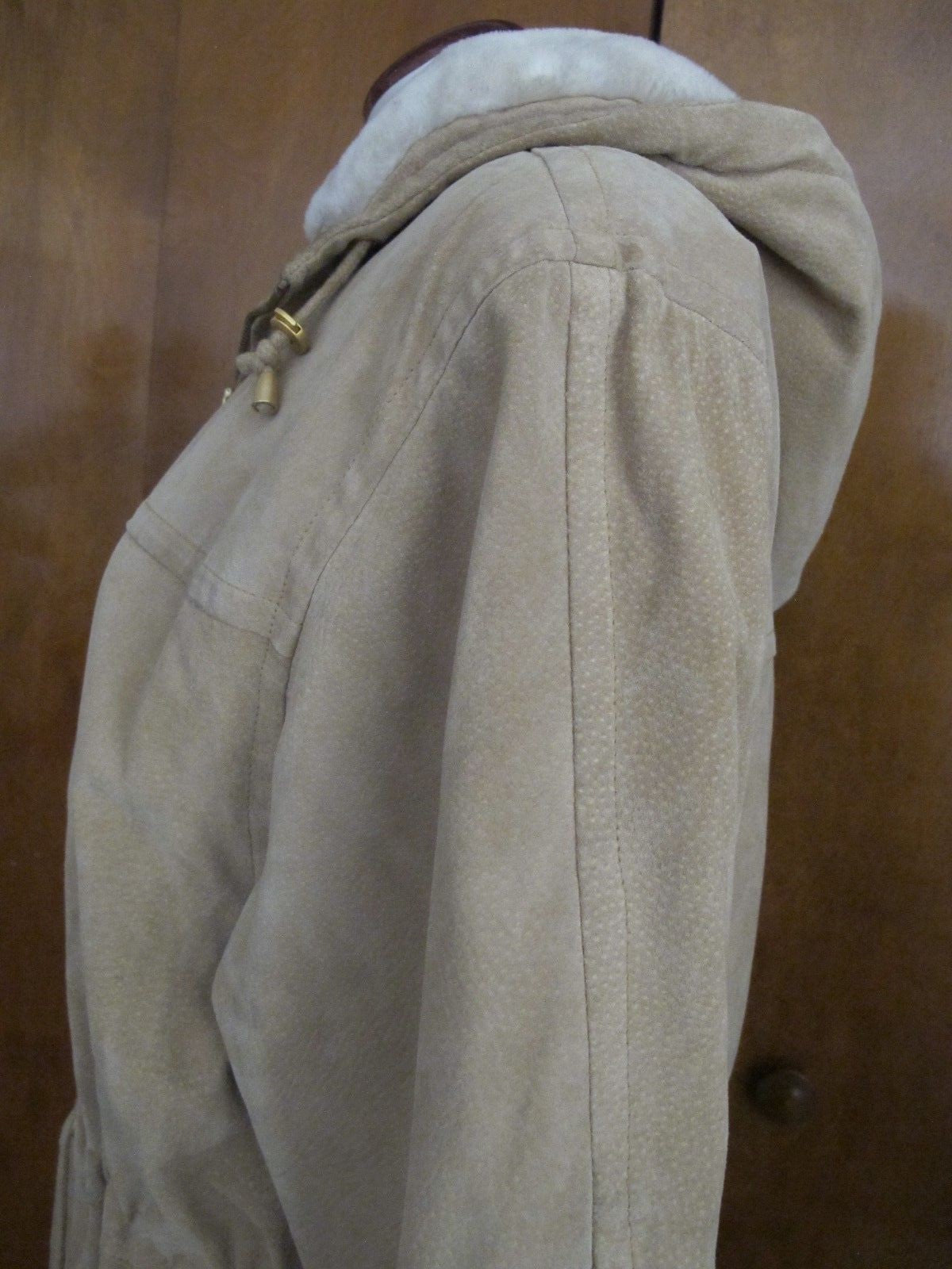 Women's Colebrook Beige Hooded Leather Winter Coat Medium