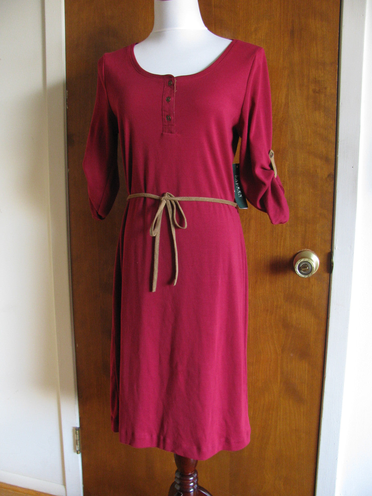 Lauren Ralph Lauren women's burgundy belted new dress size Large
