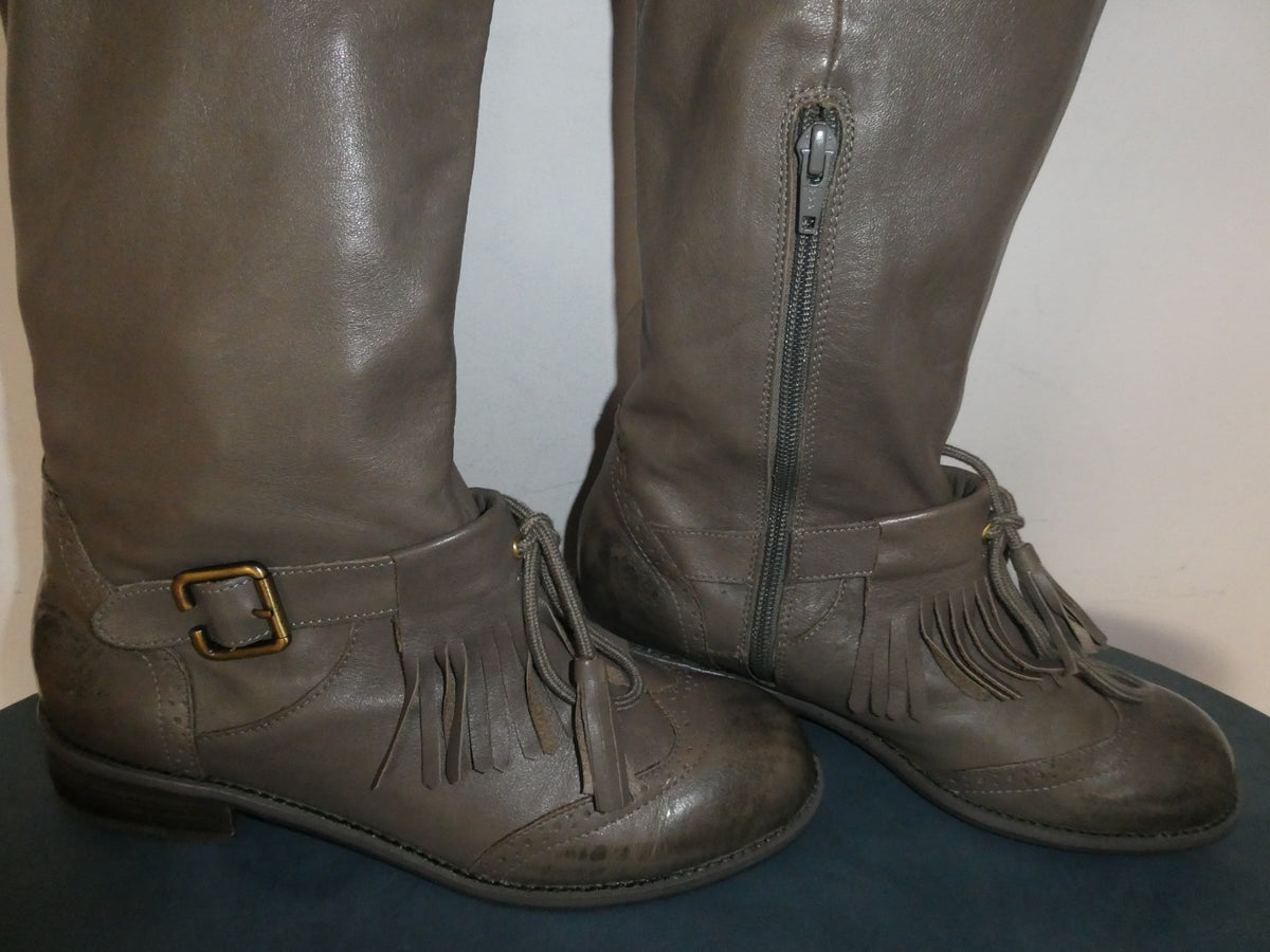 Lucky Penny Tall Fringe Boots Women’s 7.5B Gray Taupe Leather Knee High Boho