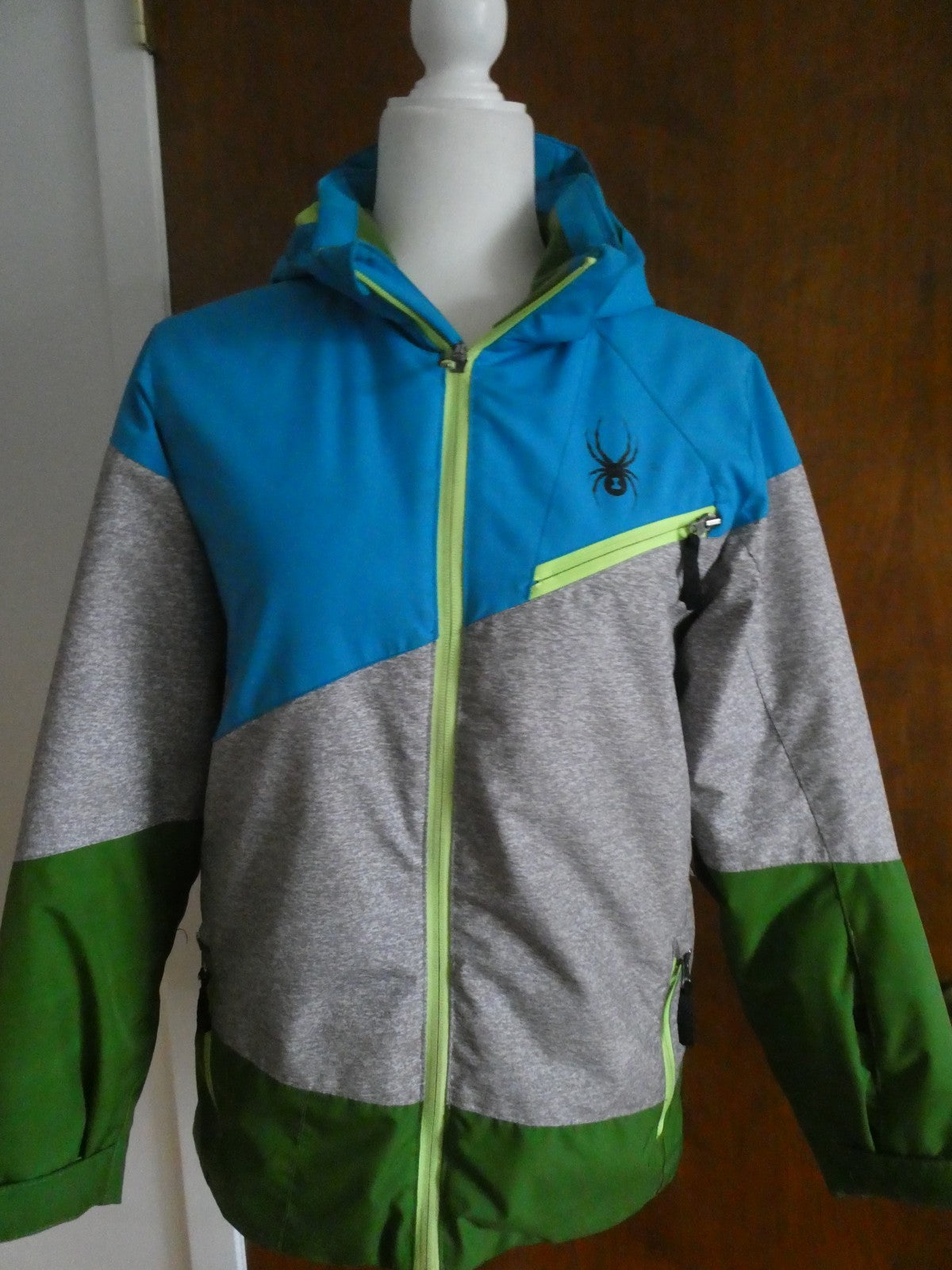 Spyder Kids Sz 16 Ski Jacket Blue Gray Green Hooded 3M Thinsulate Insulated Coat