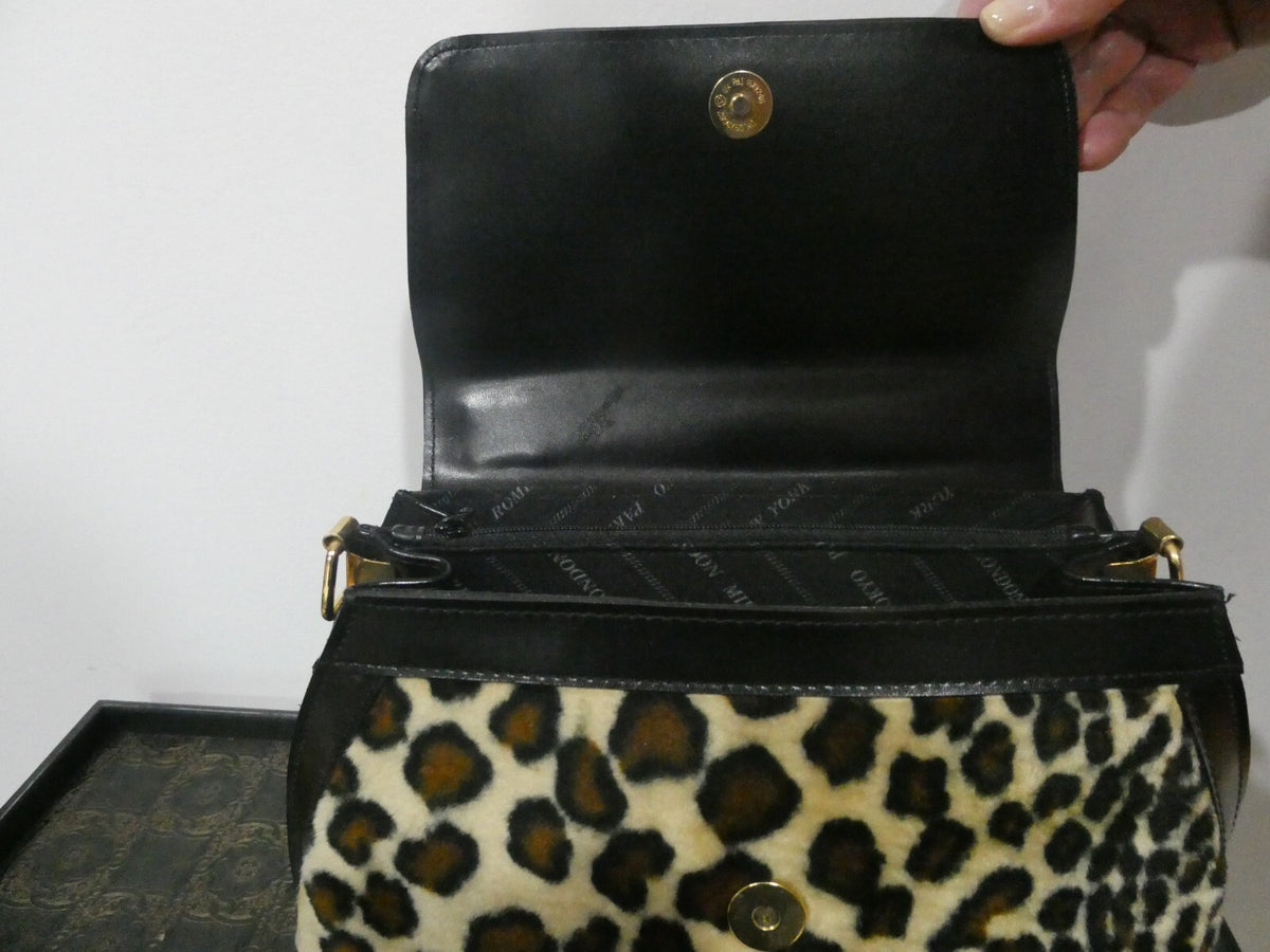 Unbranded Women Black Velour/Leather Leopard Print 2 compartments Purce Handbag