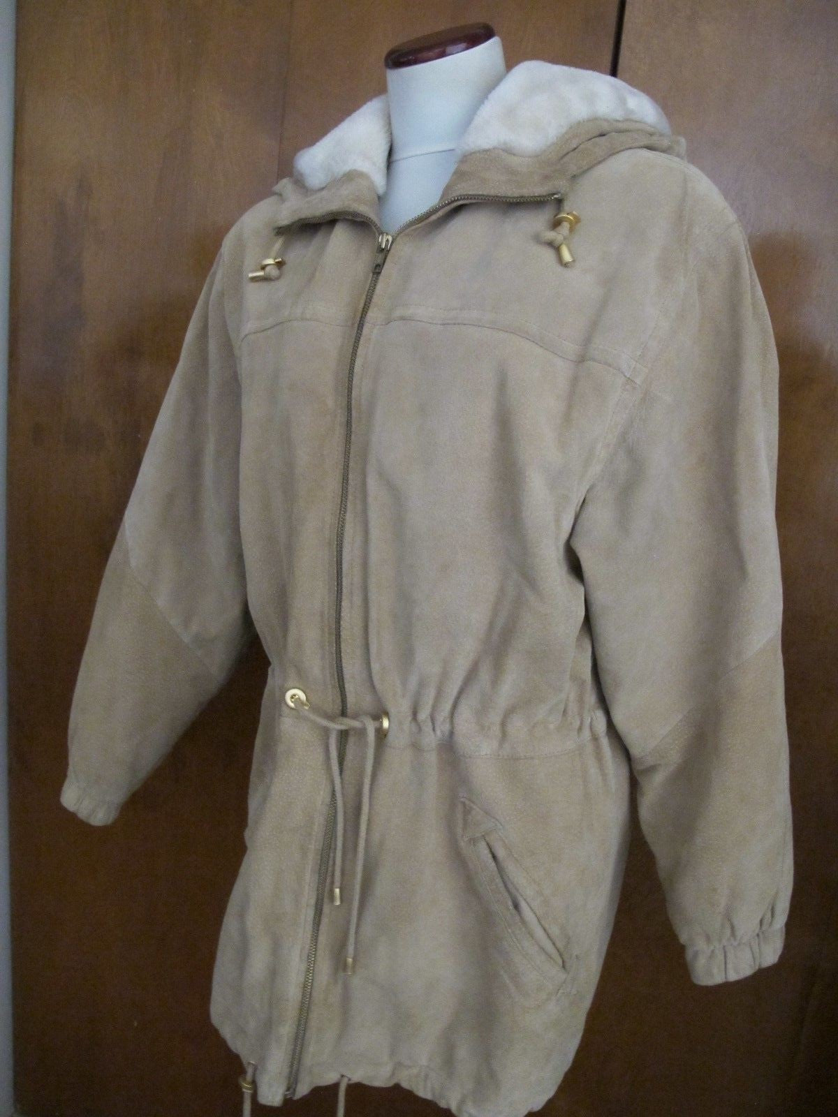 Women's Colebrook Beige Hooded Leather Winter Coat Medium