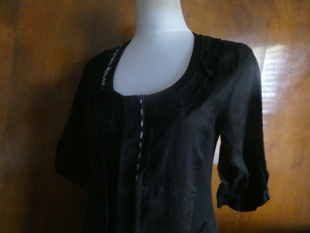 Pink Phoenix Women Black 100% Linen Small 3/4 Sleeve, Button Up, Semi Sheer Top