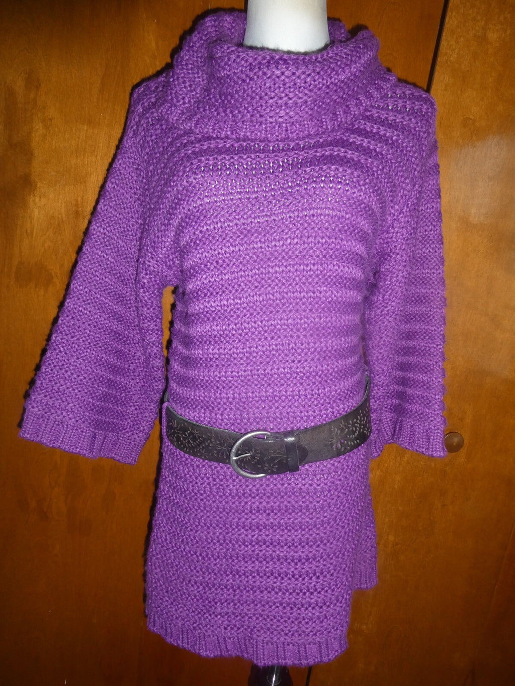 BEBE Women's Purple Detailed Gorgeous Sweater Mini Dress Large Can Fit Medium