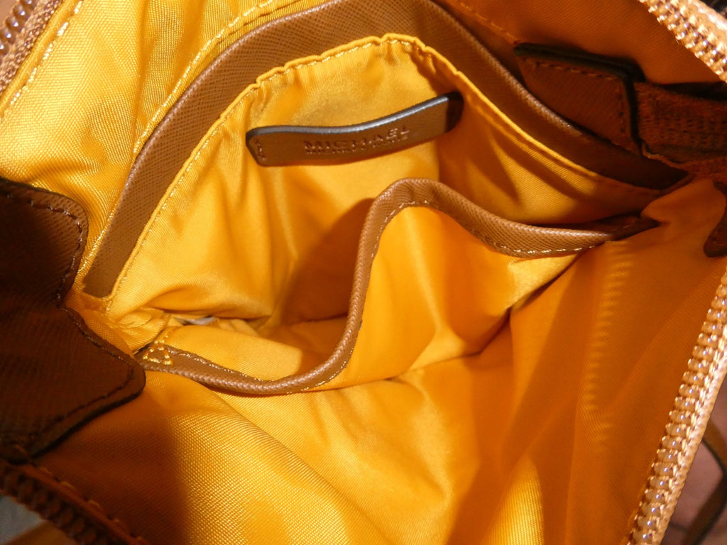 Michael Kors Navy Nylon Crossbody Bag Brown Trim 5 Pocket Gold Tone EUC