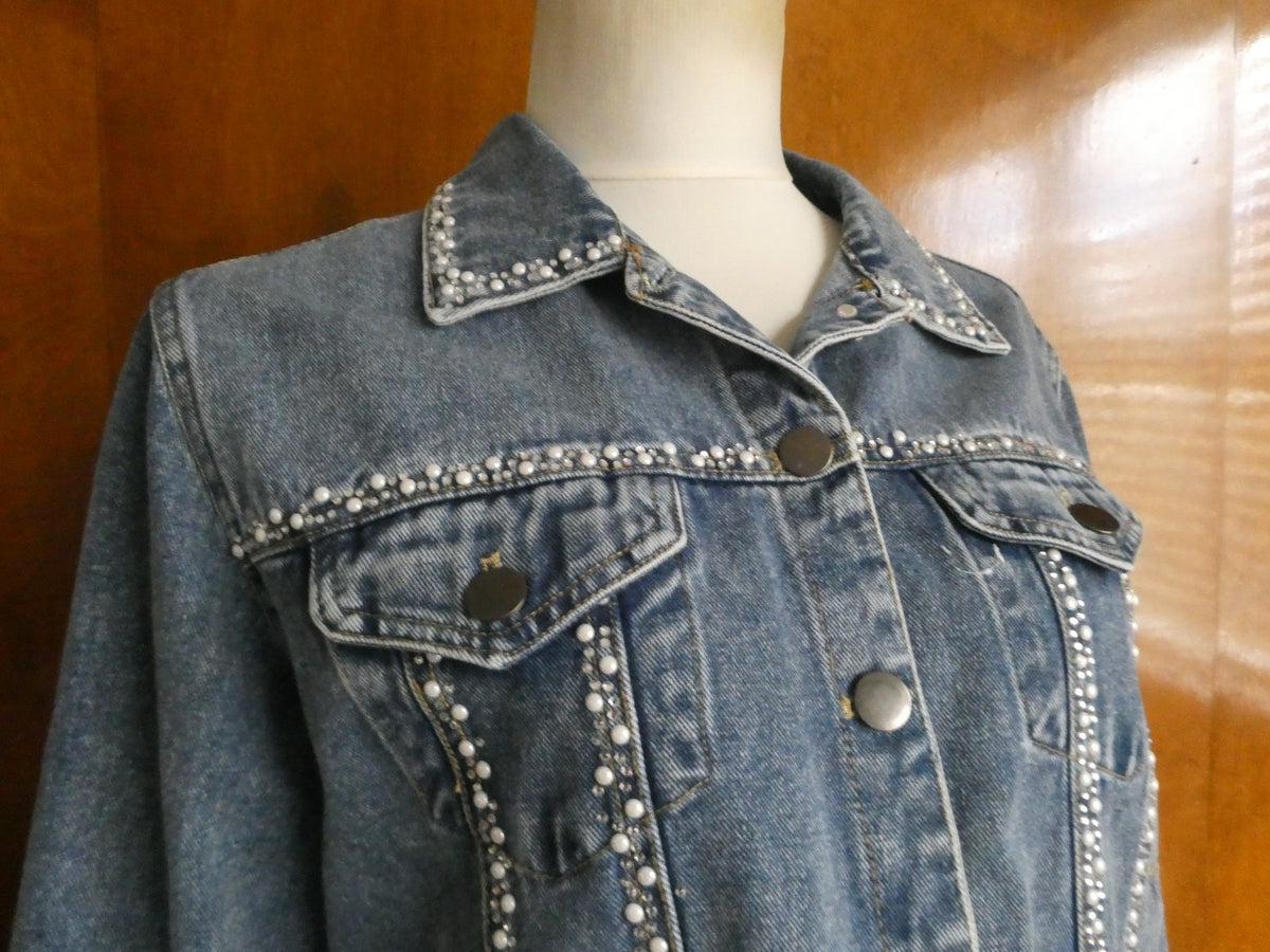 Alexis Taylor Women 100% Cotton Beaded Jeans Blazer Jacket Blue XLarge (fits L)