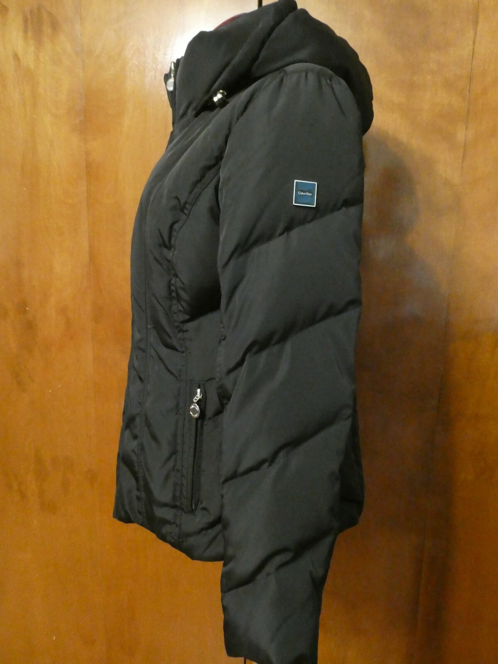 Calvin Klein Womens Duck Down Waterfowl Feathers Black Winter Hooded Coat Medium