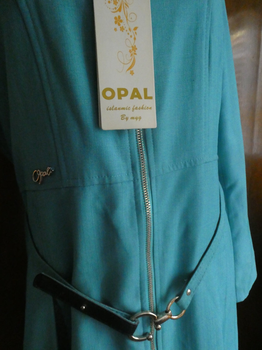 Opal Islamic women light sea green lined full zip belted long hooded coat US14