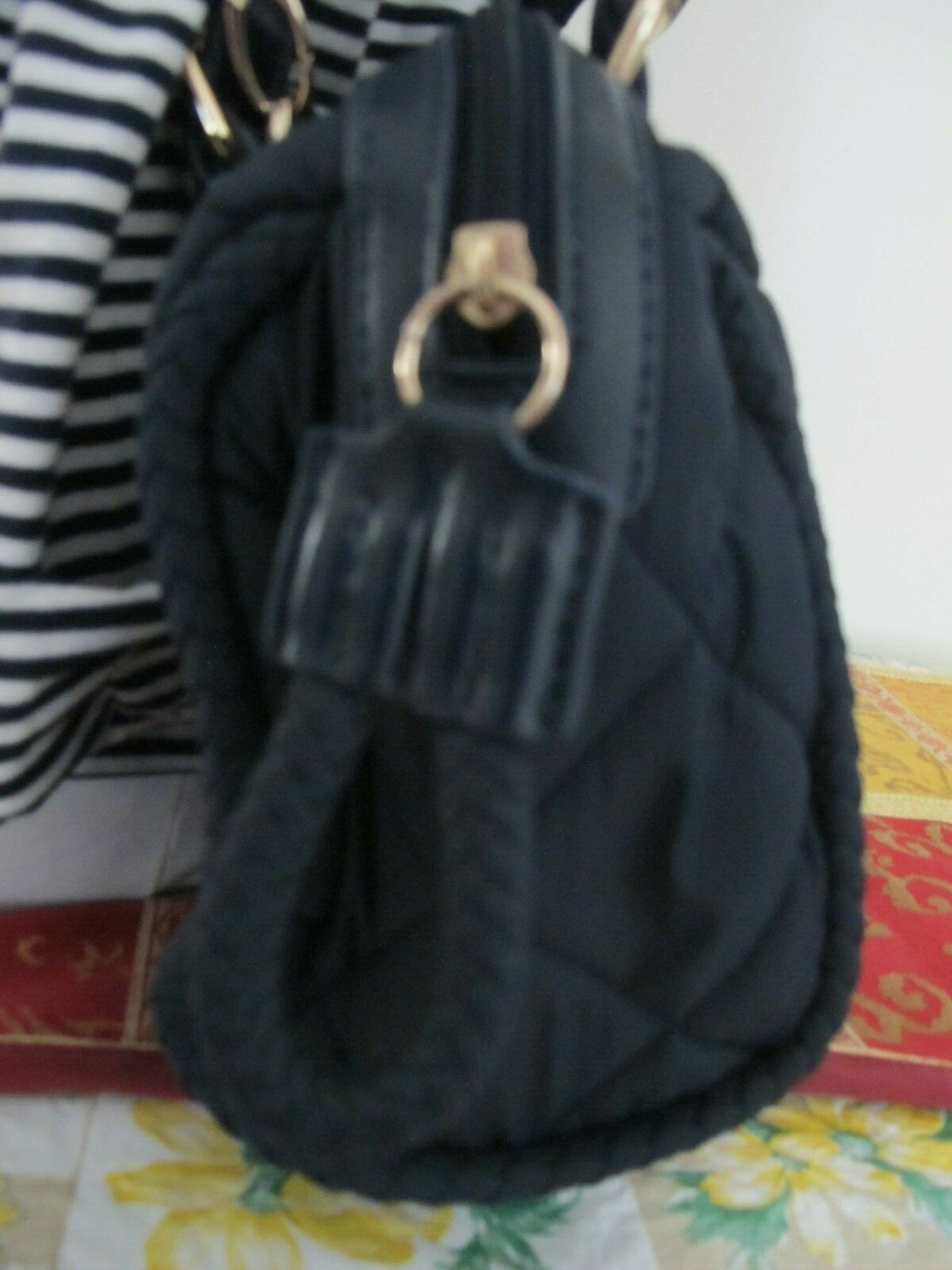 Mazzini women's navy cloth with leather  houlder Crossbody Quilted Zippered Bag