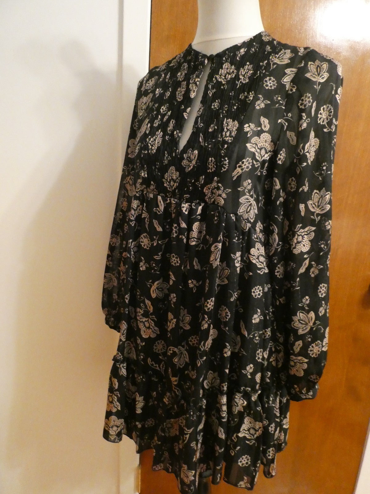 Zara Women's XS Black Floral Mini Dress Long Sleeve Pleated Boho Made in Morocco