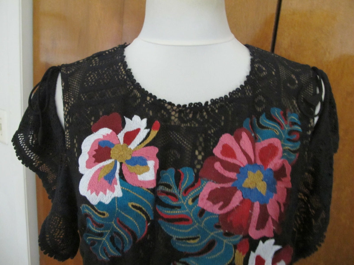 Anthropologie Ranna Gill Black Noir Embroidered Lace Cold Shoulder Dress  Large