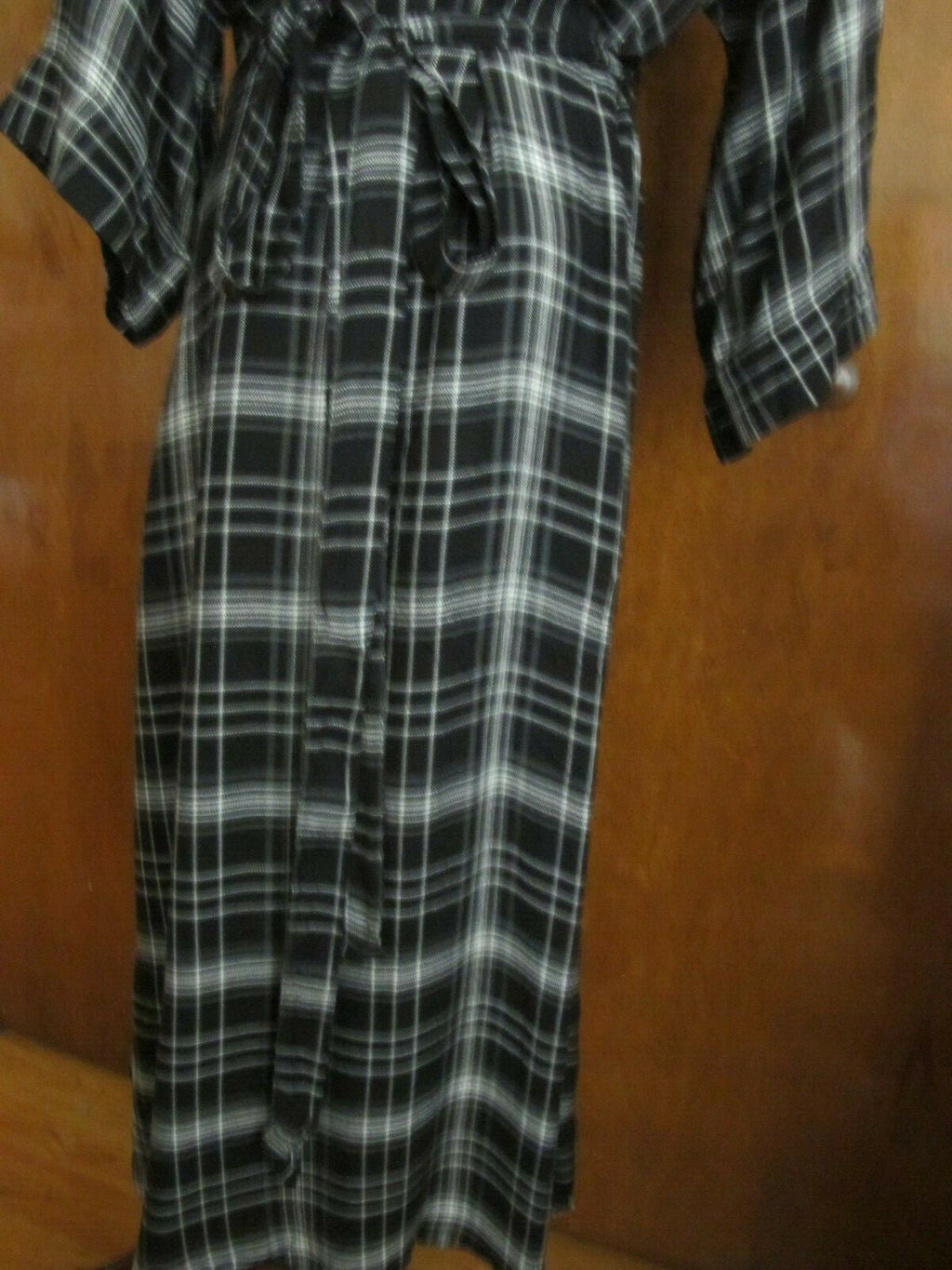 Gap Women's Black Plaid 3/4 Sleeves Tie-Waist Midi Wrap Dress Tall Large 
