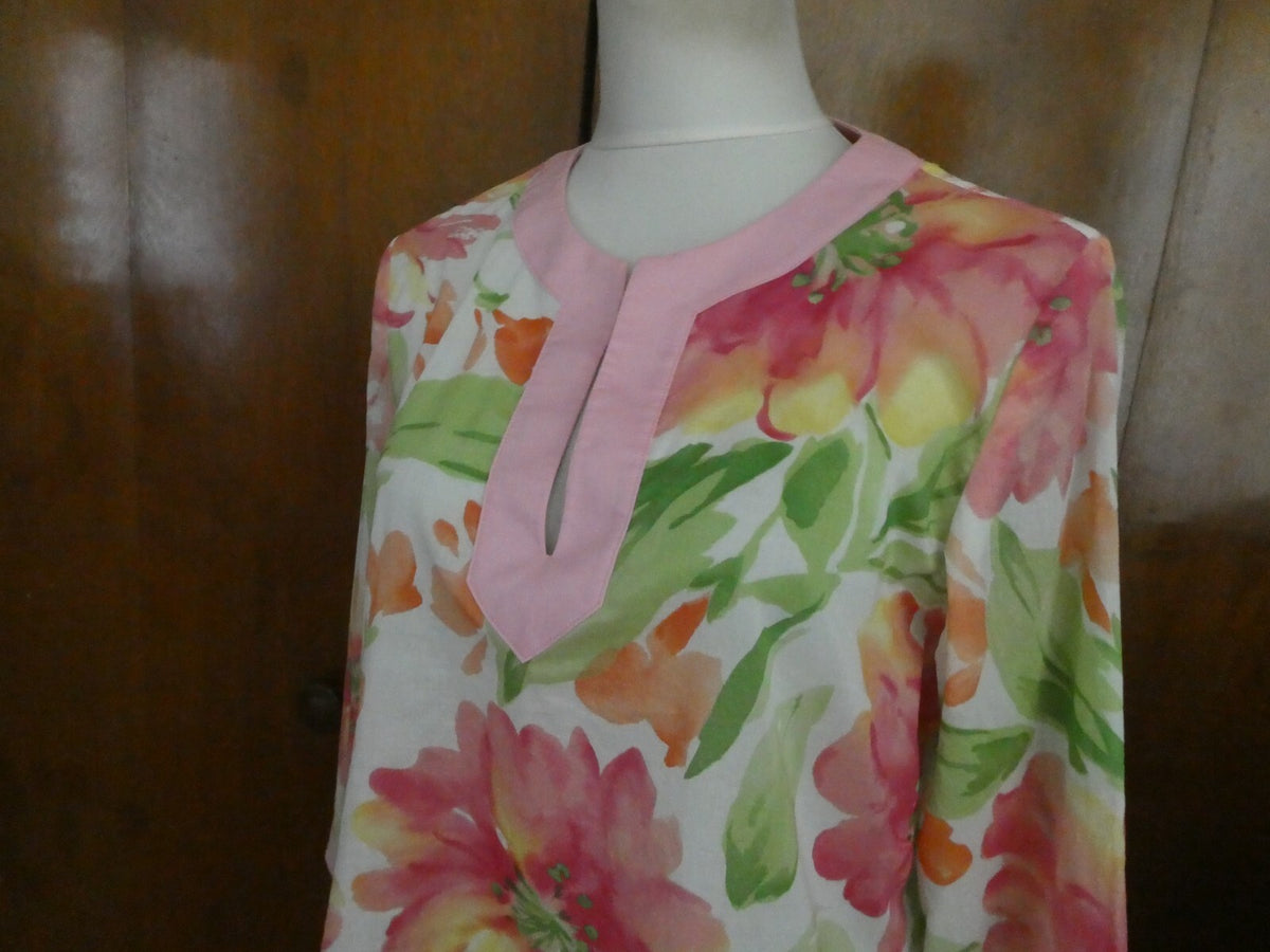 Jones New York Signature Women's Tunic Style Pink/Green Soft Cotton Top Large