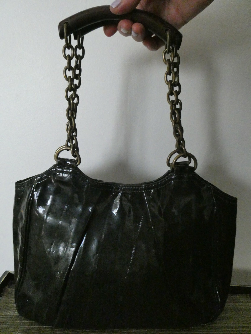Linea JN1United Colors Of Benetton Dark Green Faux Patent Lined Handbag Purse 