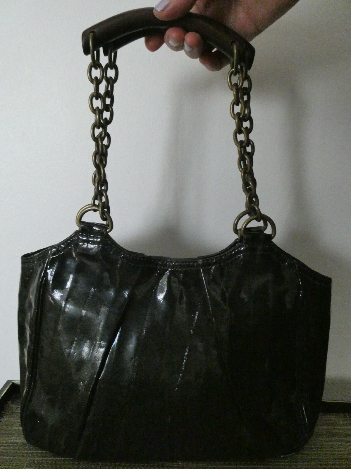 Linea JN1United Colors Of Benetton Dark Green Faux Patent Lined Handbag Purse 