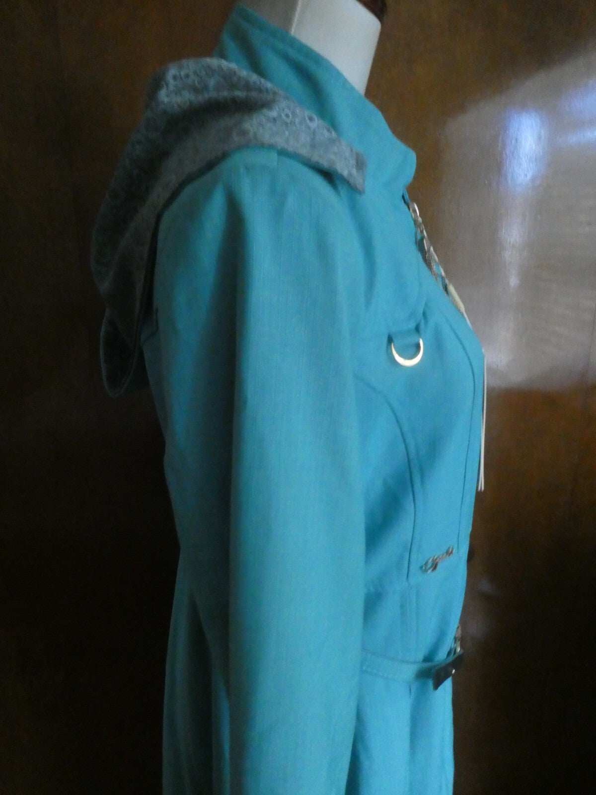 Opal Islamic women light sea green lined full zip belted long hooded coat US14