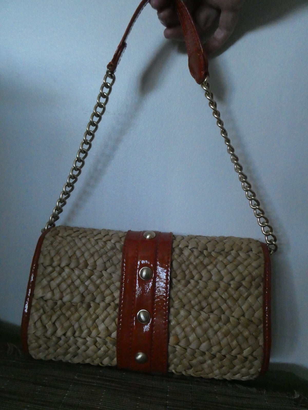 Michael Kors Woven Straw And Leather Chain Clutch Purse Walnut