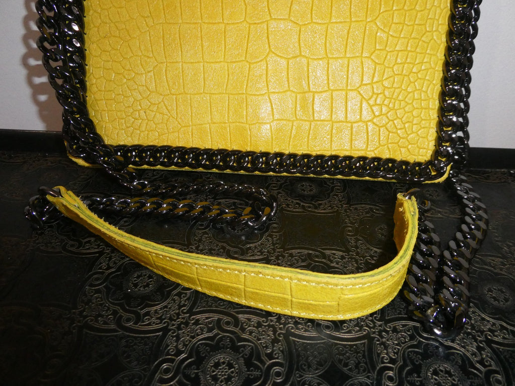 Italian Genuine Leather Chain Shoulder Crossbody Bag 9x7x 2 Mustard Yellow Italy