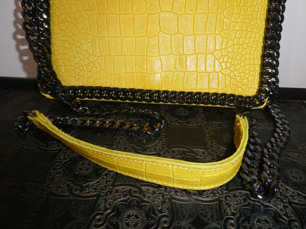 Italian Genuine Leather Chain Shoulder Crossbody Bag 9x7x 2 Mustard Yellow Italy