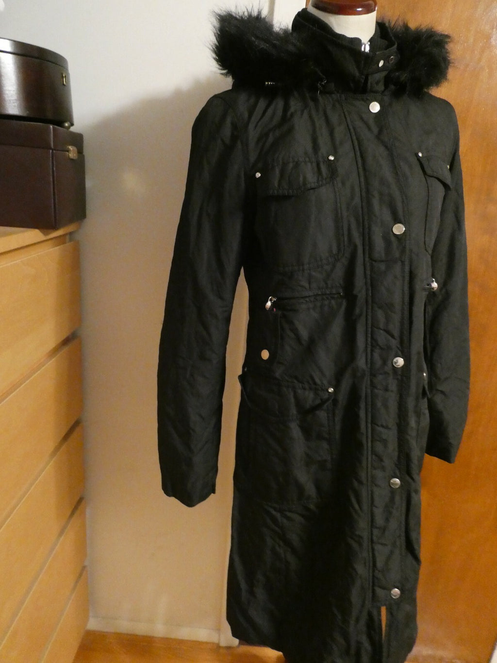 Laundry By Shelli Segal Women's Black Long Winter Coat Removable Hood Medium